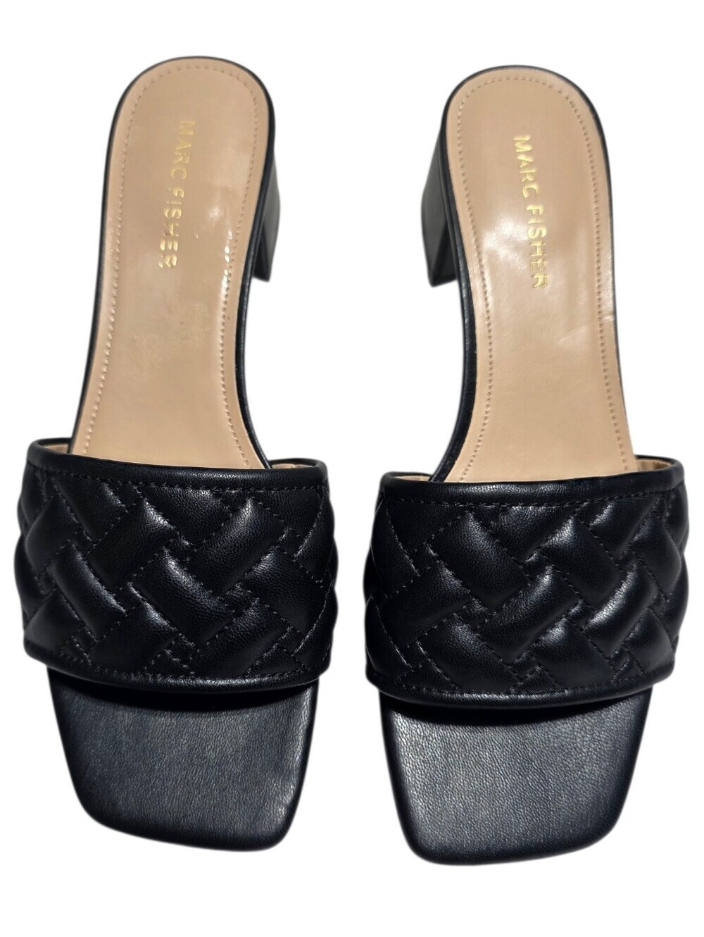 MARC FISHER BLACK WOVEN SQUARE TOE BLOCK HEEL MULES SZ 7.5